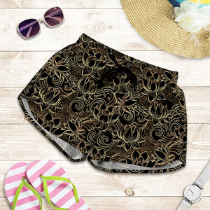 Black And Gold Lotus Pattern Print Women's Shorts