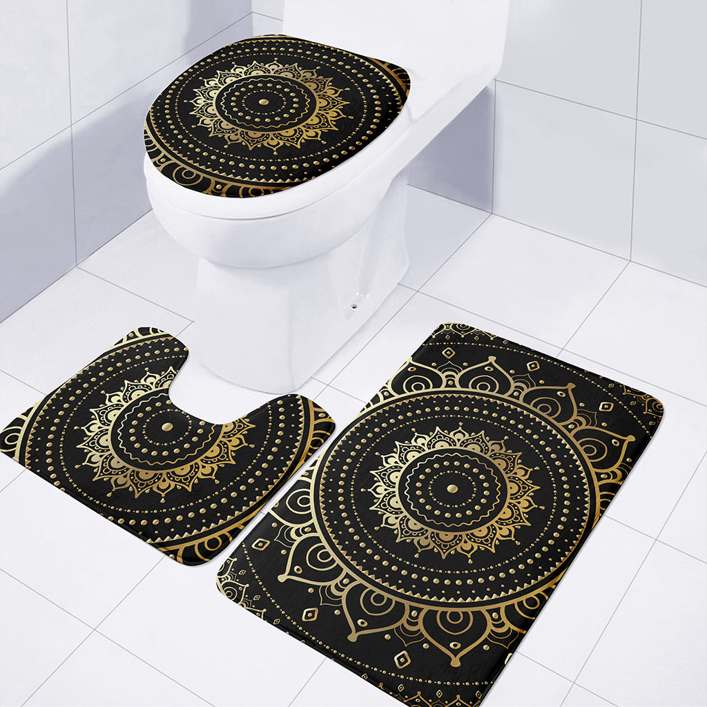 Black And Gold Mandala Print 3 Piece Bath Mat Set