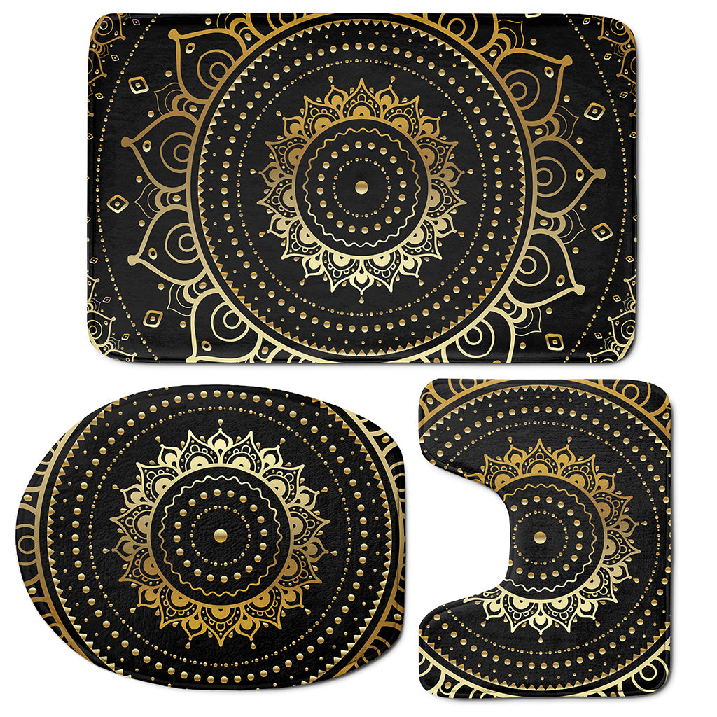 Black And Gold Mandala Print 3 Piece Bath Mat Set