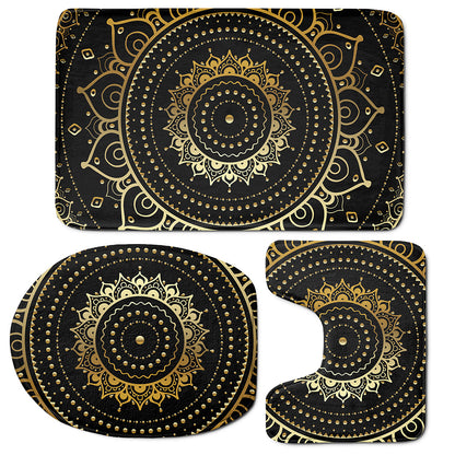 Black And Gold Mandala Print 3 Piece Bath Mat Set