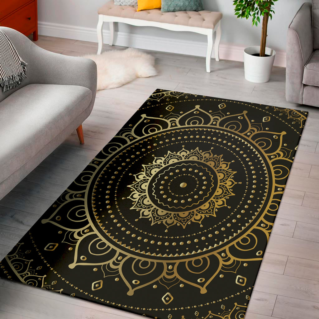 Black And Gold Mandala Print Area Rug