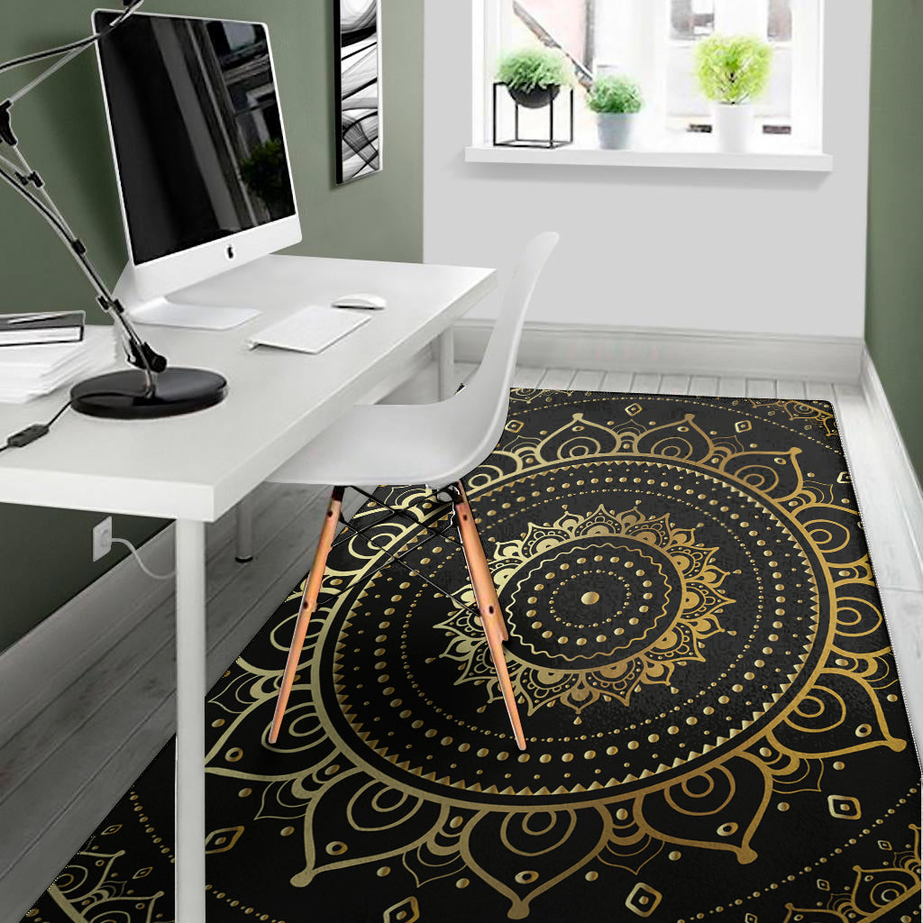 Black And Gold Mandala Print Area Rug