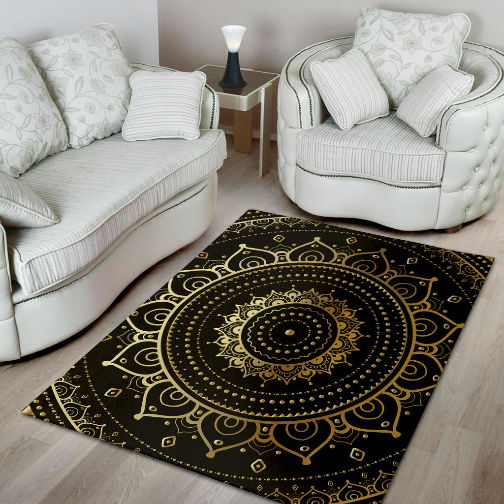 Black And Gold Mandala Print Area Rug