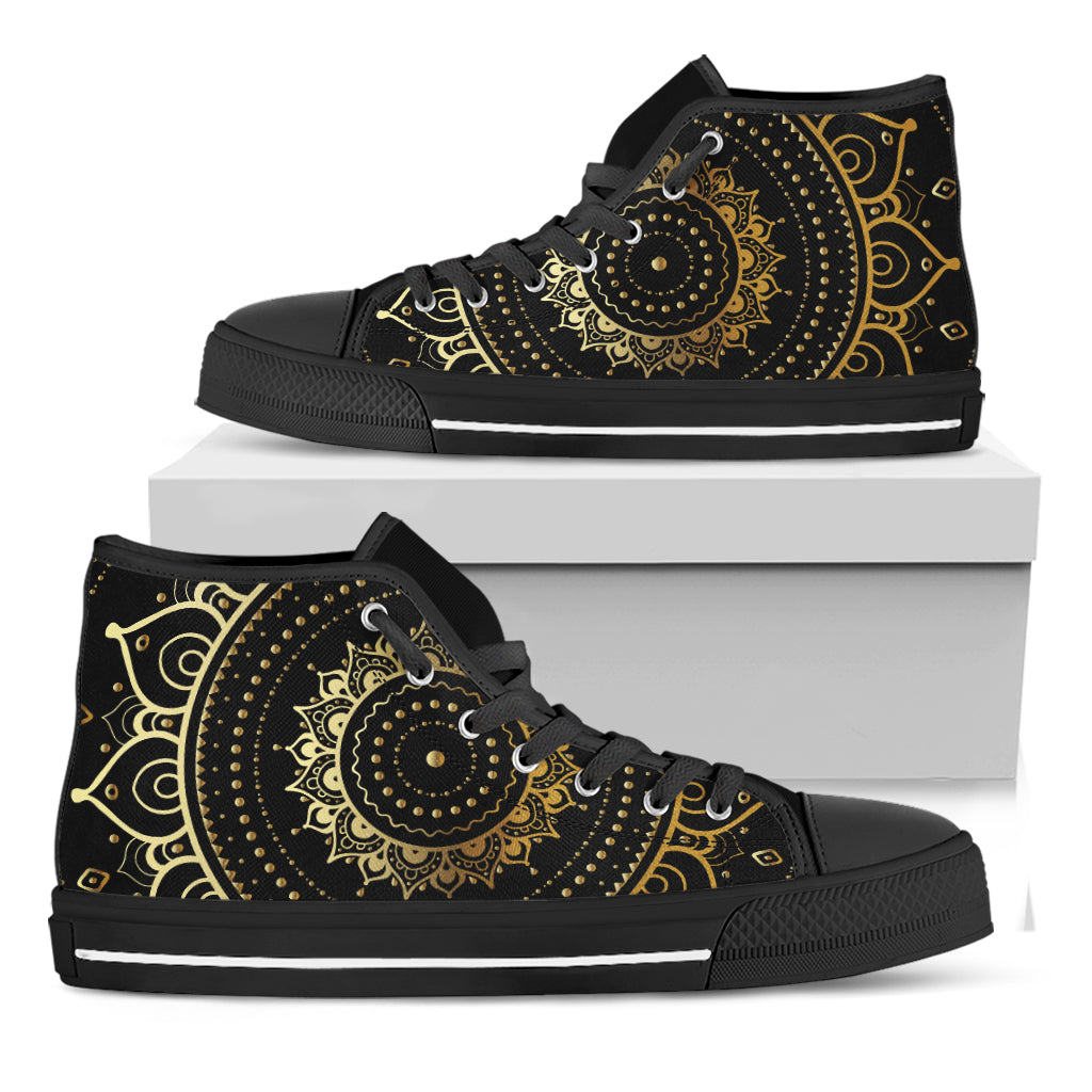 Black And Gold Mandala Print Black High Top Shoes