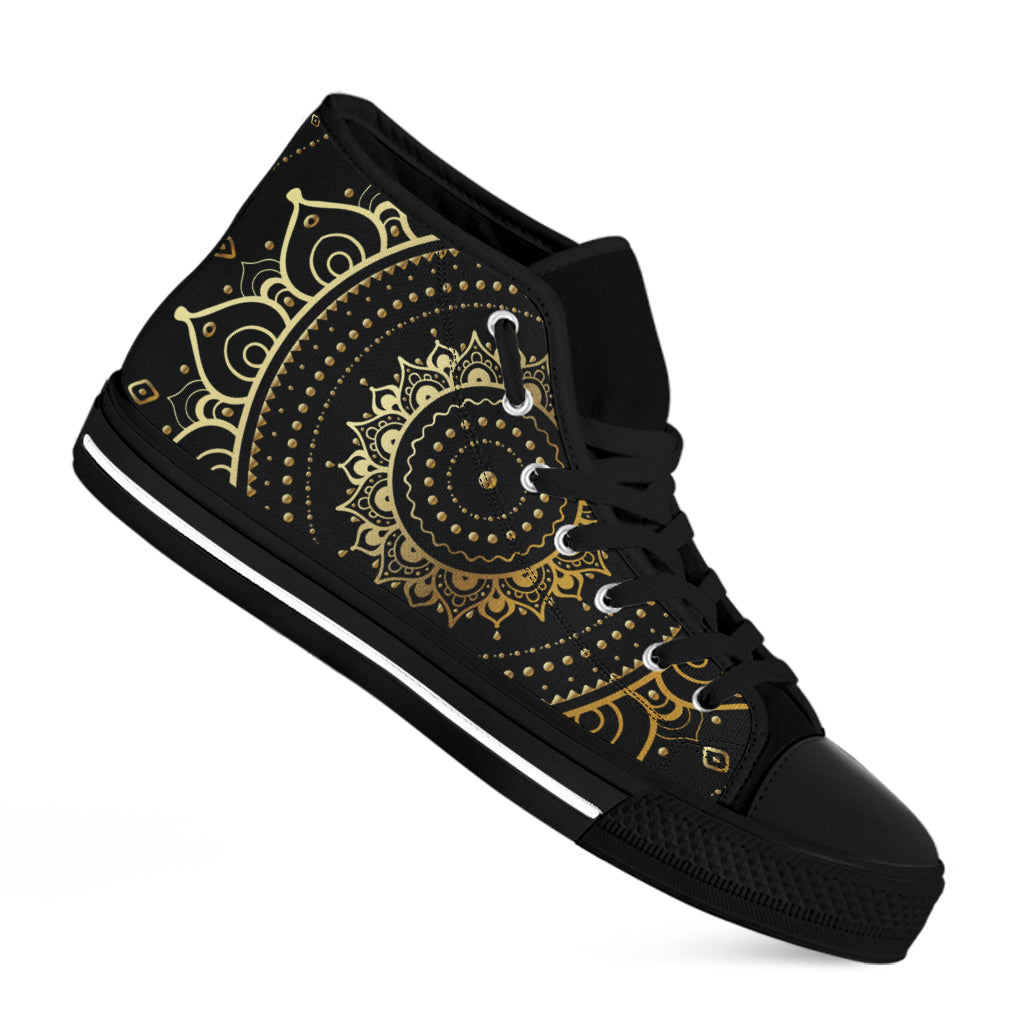 Black And Gold Mandala Print Black High Top Shoes