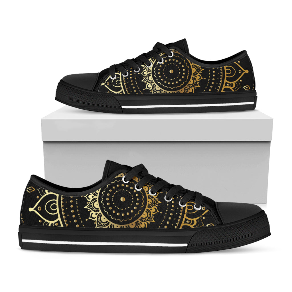 Black And Gold Mandala Print Black Low Top Shoes