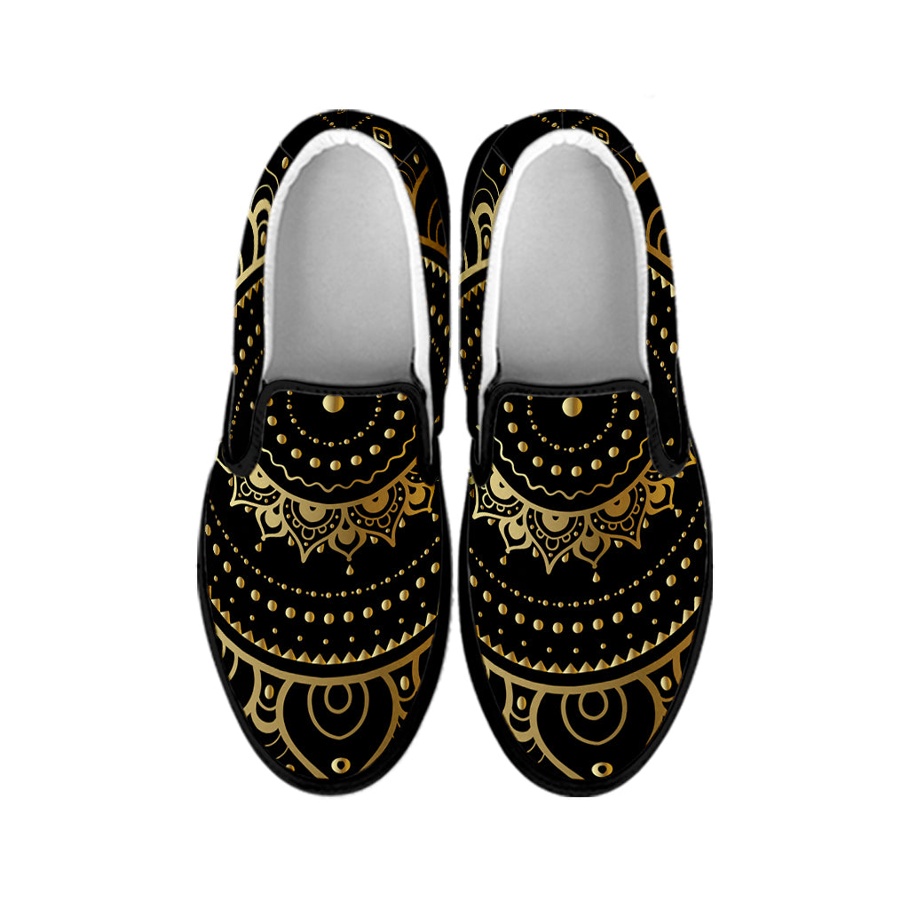 Black And Gold Mandala Print Black Slip On Shoes