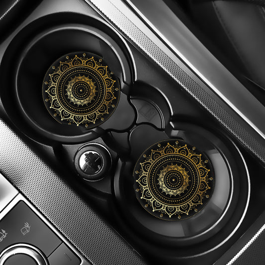 Black And Gold Mandala Print Car Coasters