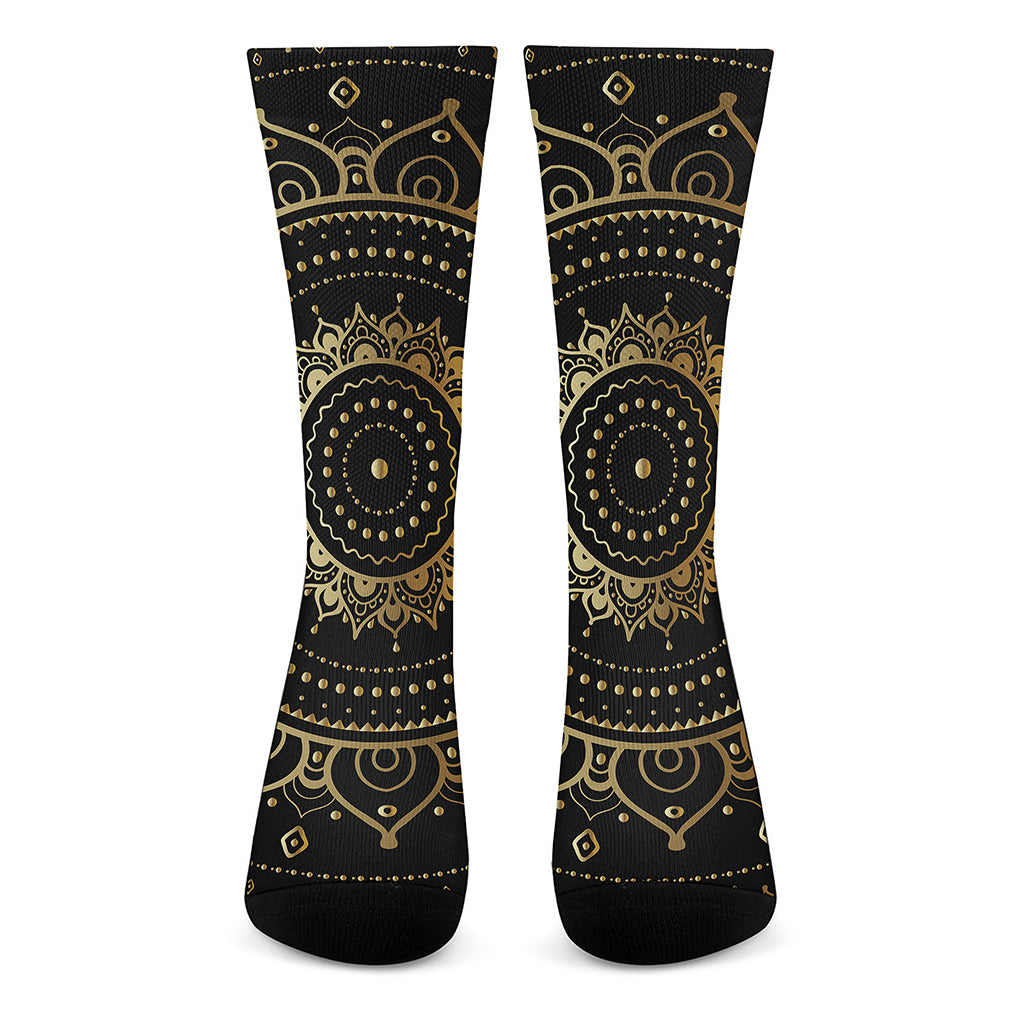 Black And Gold Mandala Print Crew Socks