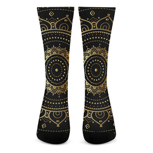 Black And Gold Mandala Print Crew Socks