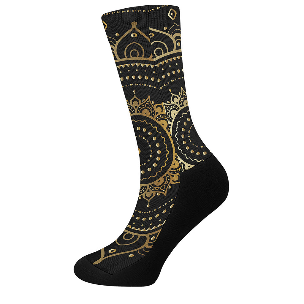 Black And Gold Mandala Print Crew Socks