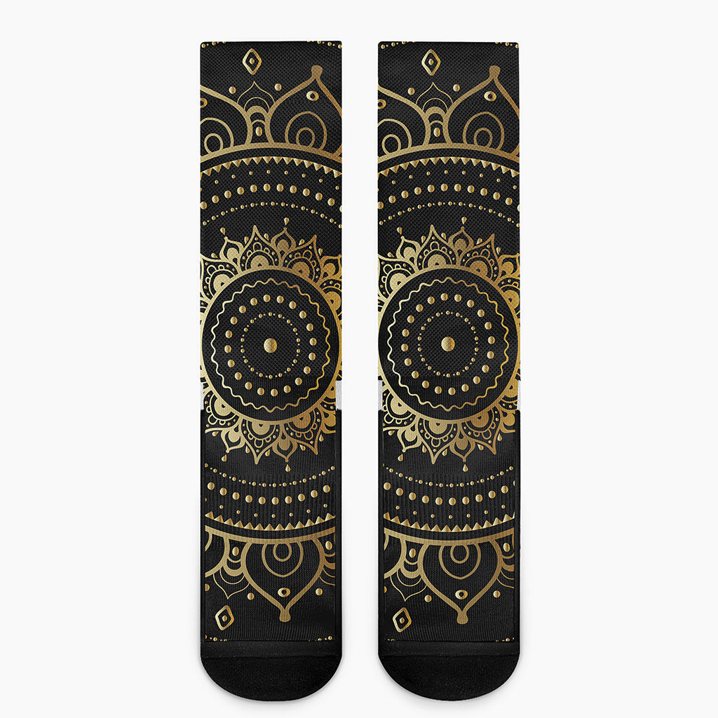 Black And Gold Mandala Print Crew Socks