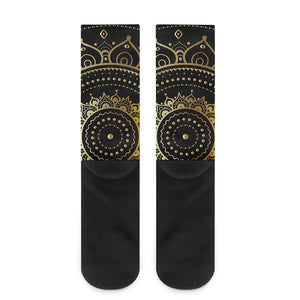 Black And Gold Mandala Print Crew Socks