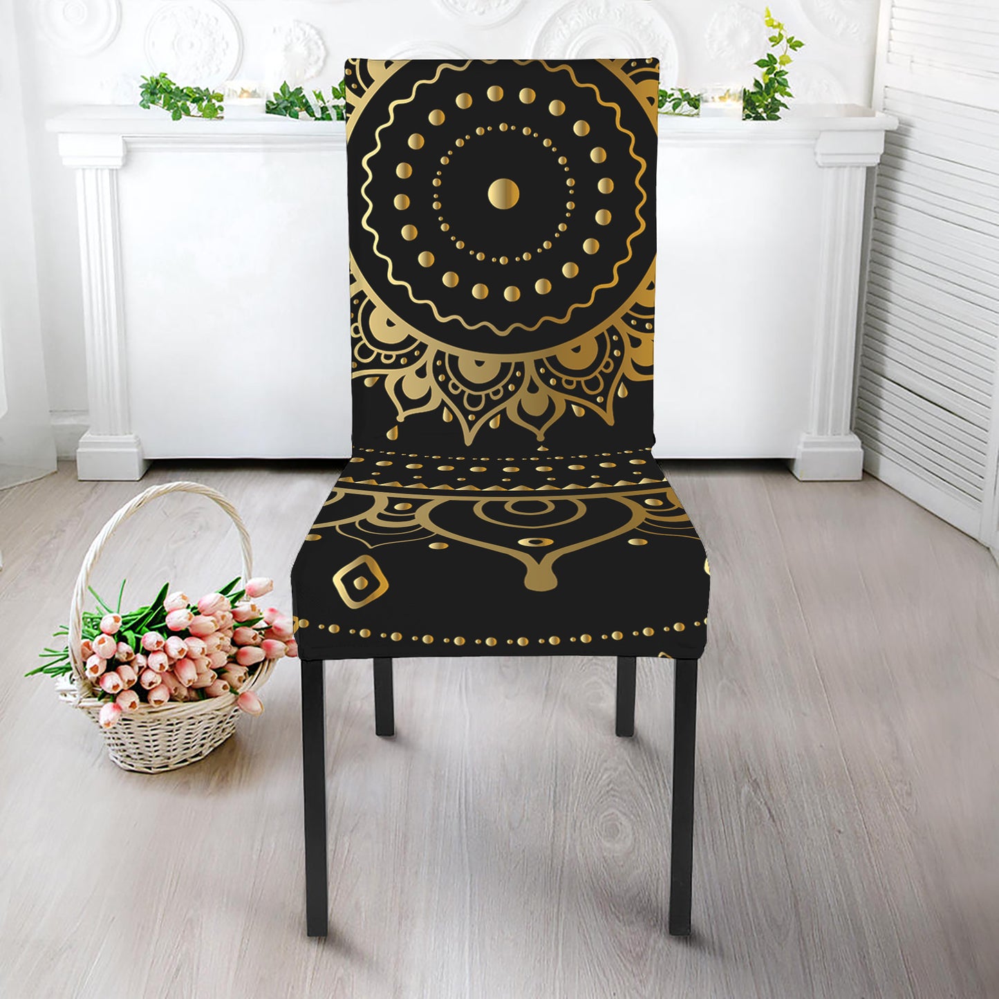 Black And Gold Mandala Print Dining Chair Slipcover