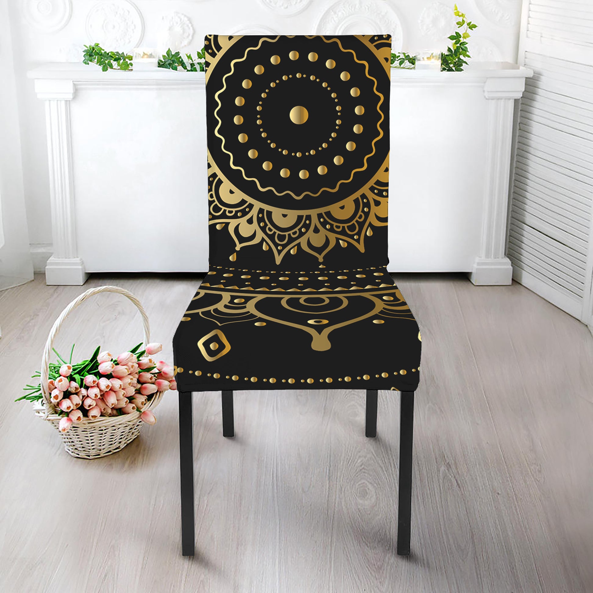 Black And Gold Mandala Print Dining Chair Slipcover