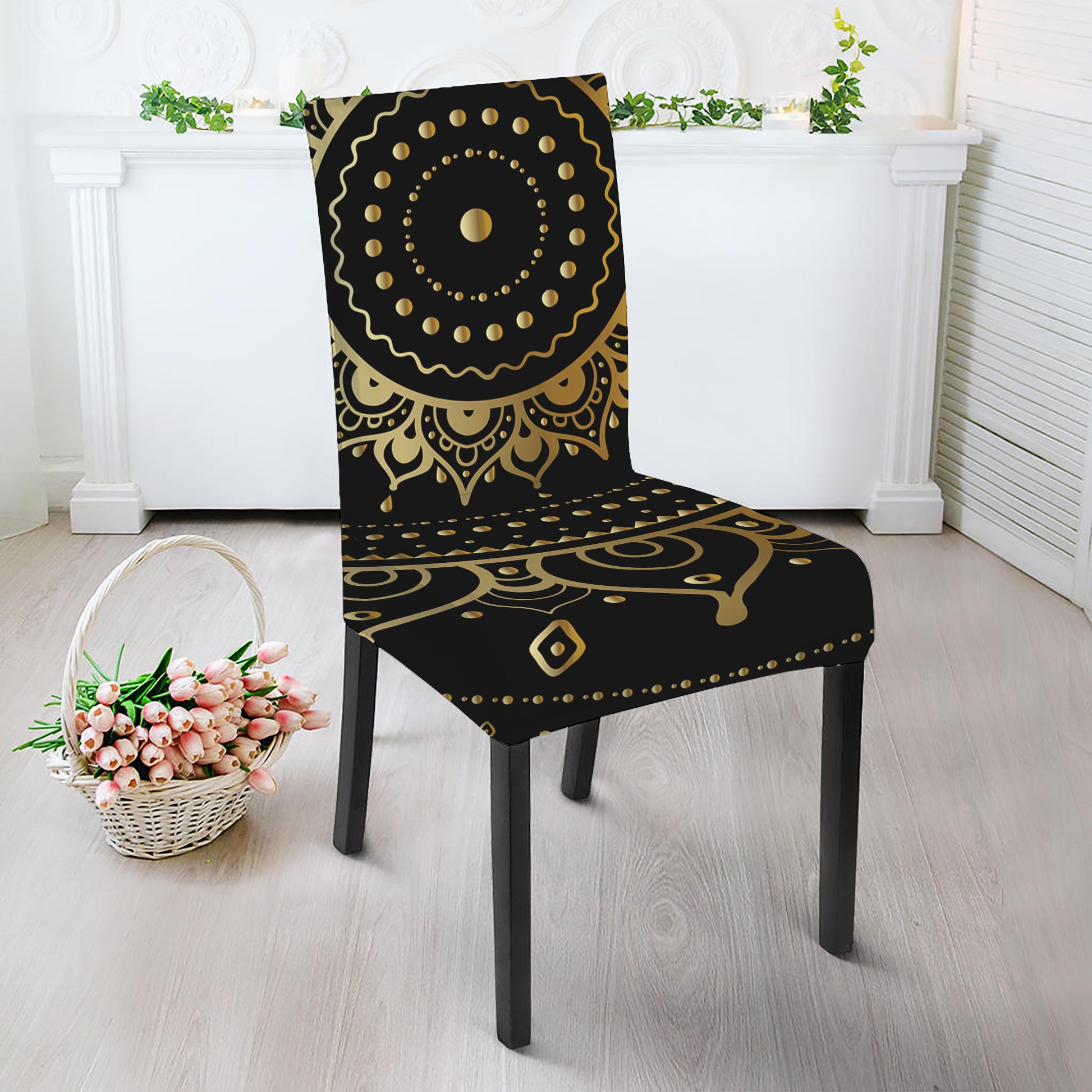 Black And Gold Mandala Print Dining Chair Slipcover
