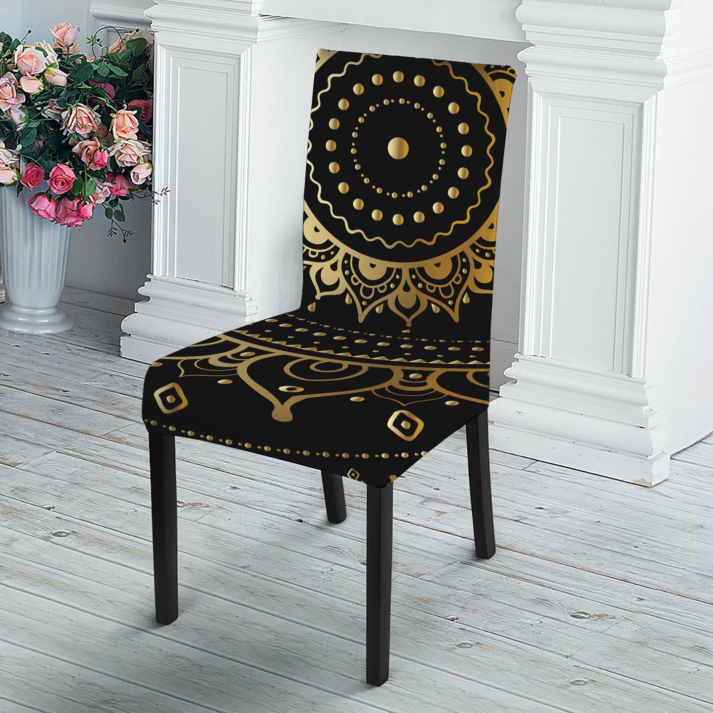 Black And Gold Mandala Print Dining Chair Slipcover