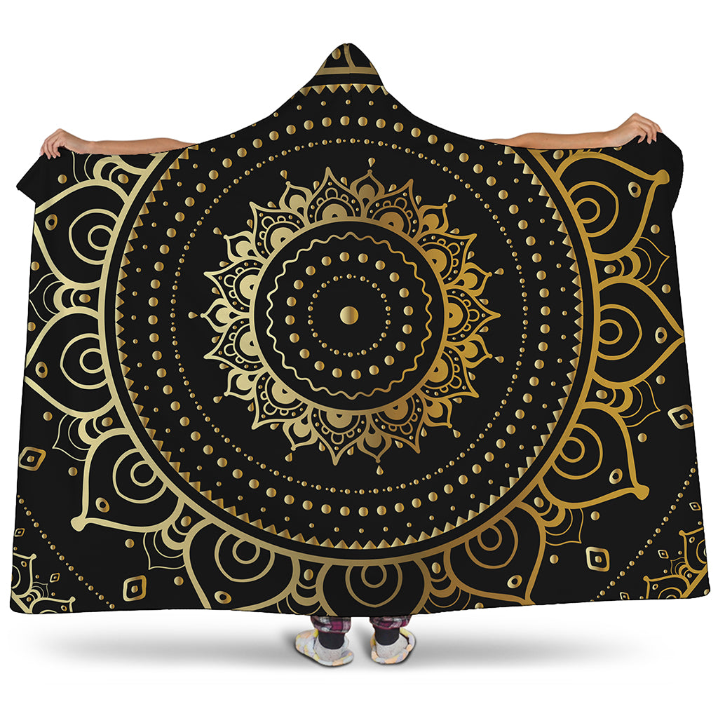 Black And Gold Mandala Print Hooded Blanket