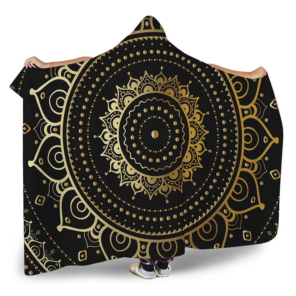Black And Gold Mandala Print Hooded Blanket