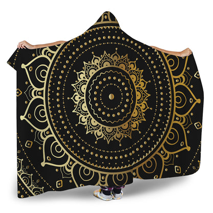 Black And Gold Mandala Print Hooded Blanket