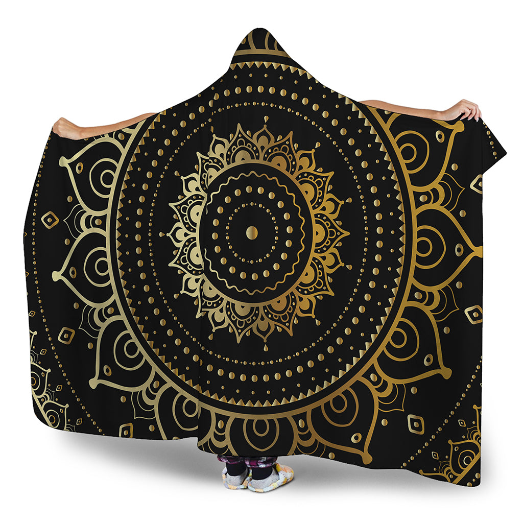 Black And Gold Mandala Print Hooded Blanket
