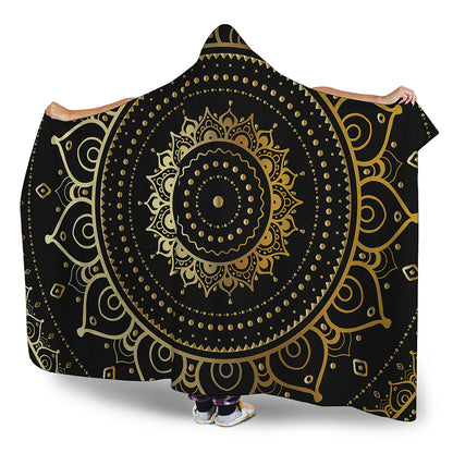 Black And Gold Mandala Print Hooded Blanket