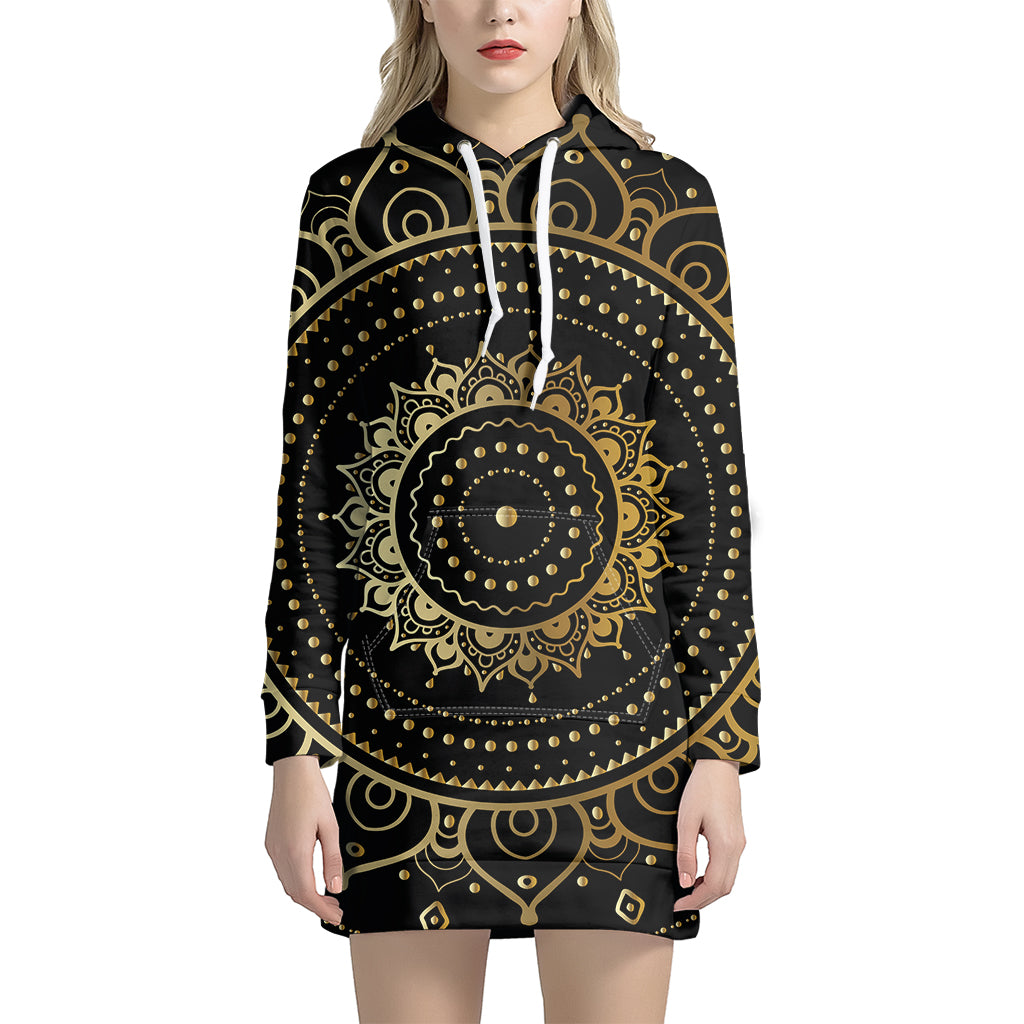 Black And Gold Mandala Print Hoodie Dress