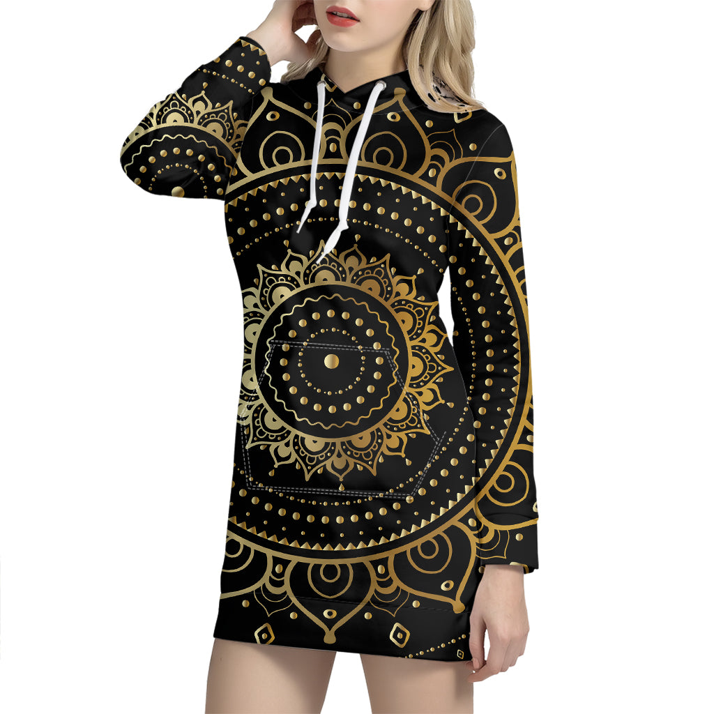 Black And Gold Mandala Print Hoodie Dress