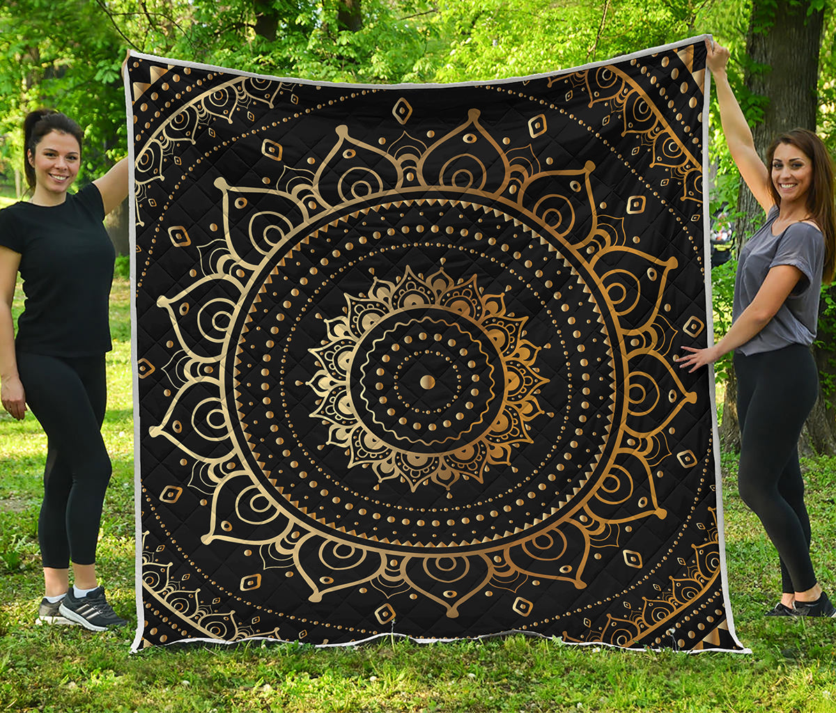 Black And Gold Mandala Print Quilt