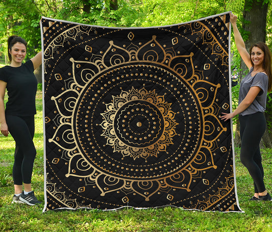 Black And Gold Mandala Print Quilt