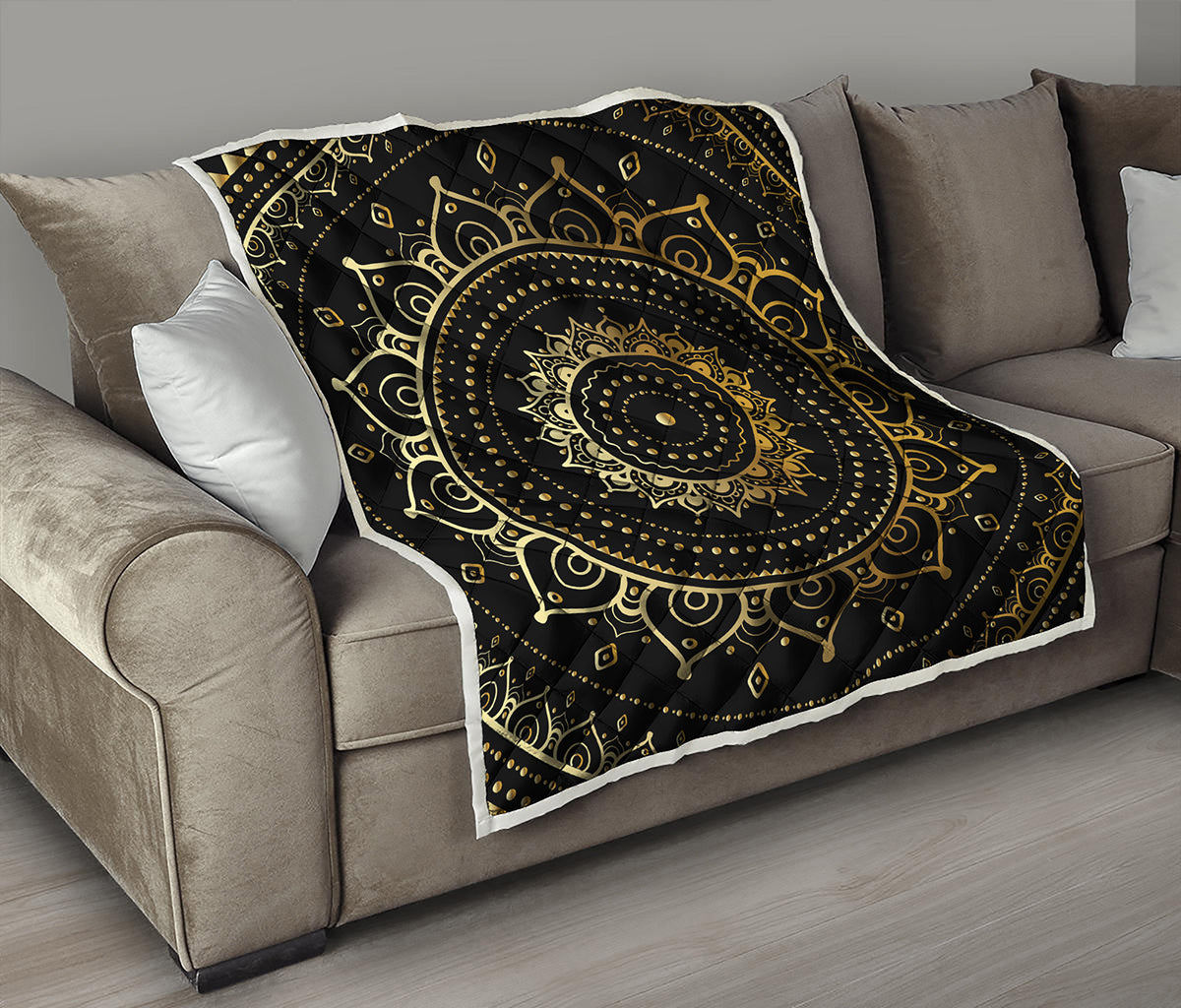 Black And Gold Mandala Print Quilt