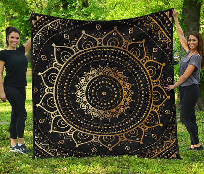 Black And Gold Mandala Print Quilt
