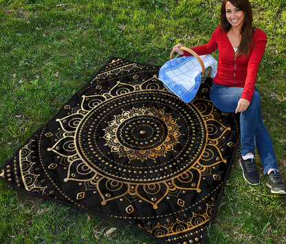 Black And Gold Mandala Print Quilt