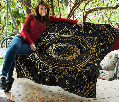 Black And Gold Mandala Print Quilt
