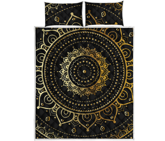 Black And Gold Mandala Print Quilt Bed Set