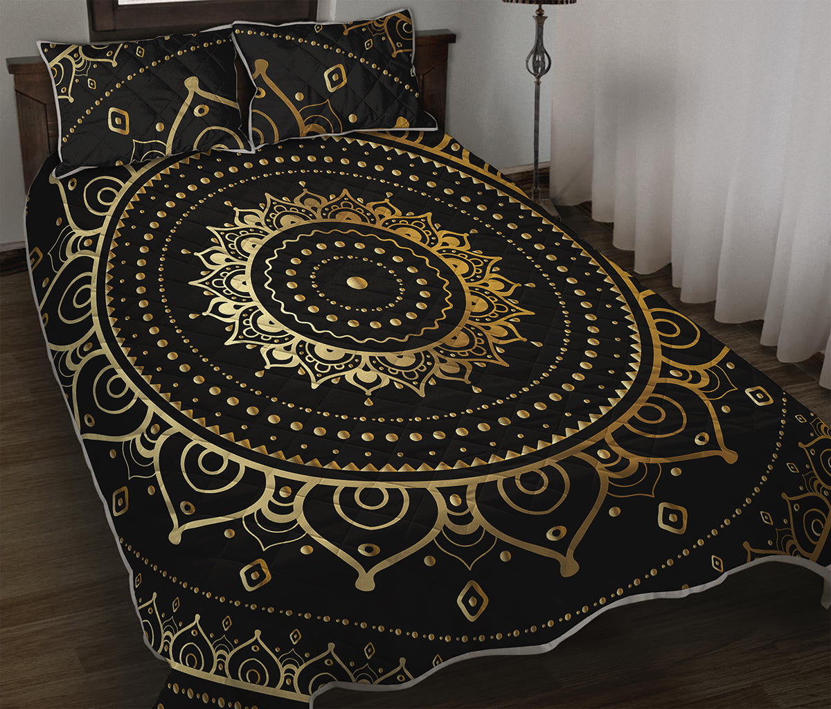 Black And Gold Mandala Print Quilt Bed Set