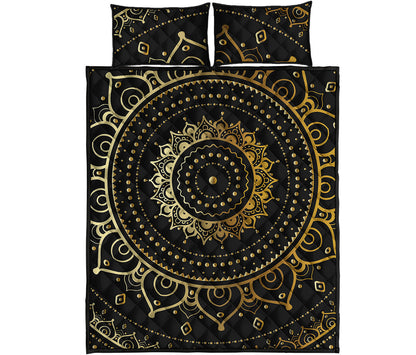 Black And Gold Mandala Print Quilt Bed Set