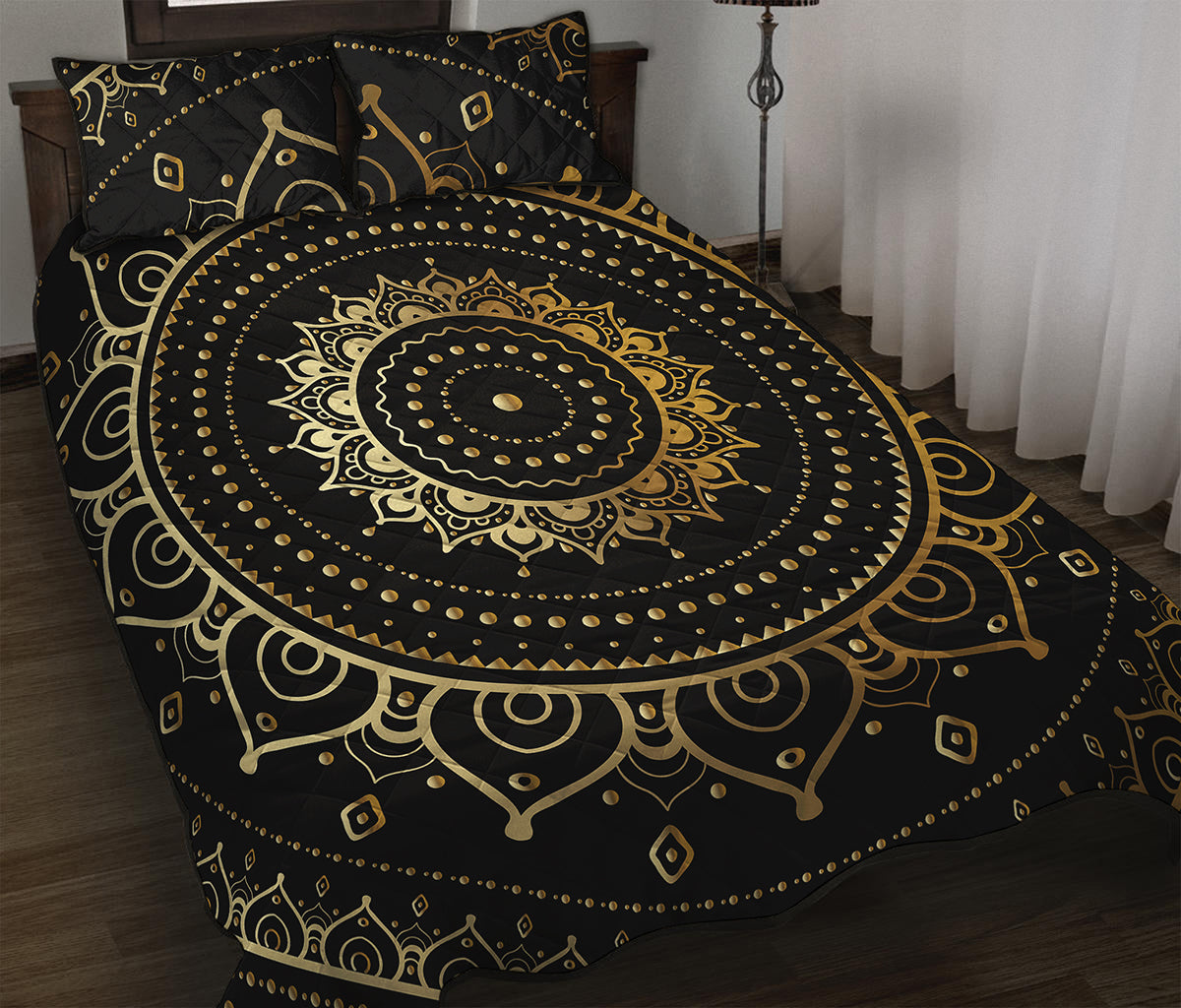 Black And Gold Mandala Print Quilt Bed Set