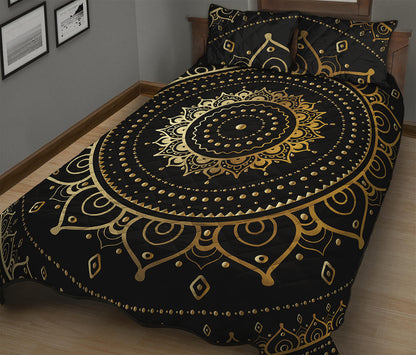 Black And Gold Mandala Print Quilt Bed Set