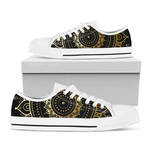 Black And Gold Mandala Print White Low Top Shoes