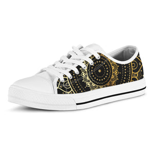 Black And Gold Mandala Print White Low Top Shoes