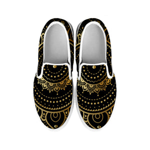 Black And Gold Mandala Print White Slip On Shoes