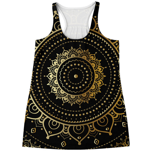 Black And Gold Mandala Print Women's Racerback Tank Top