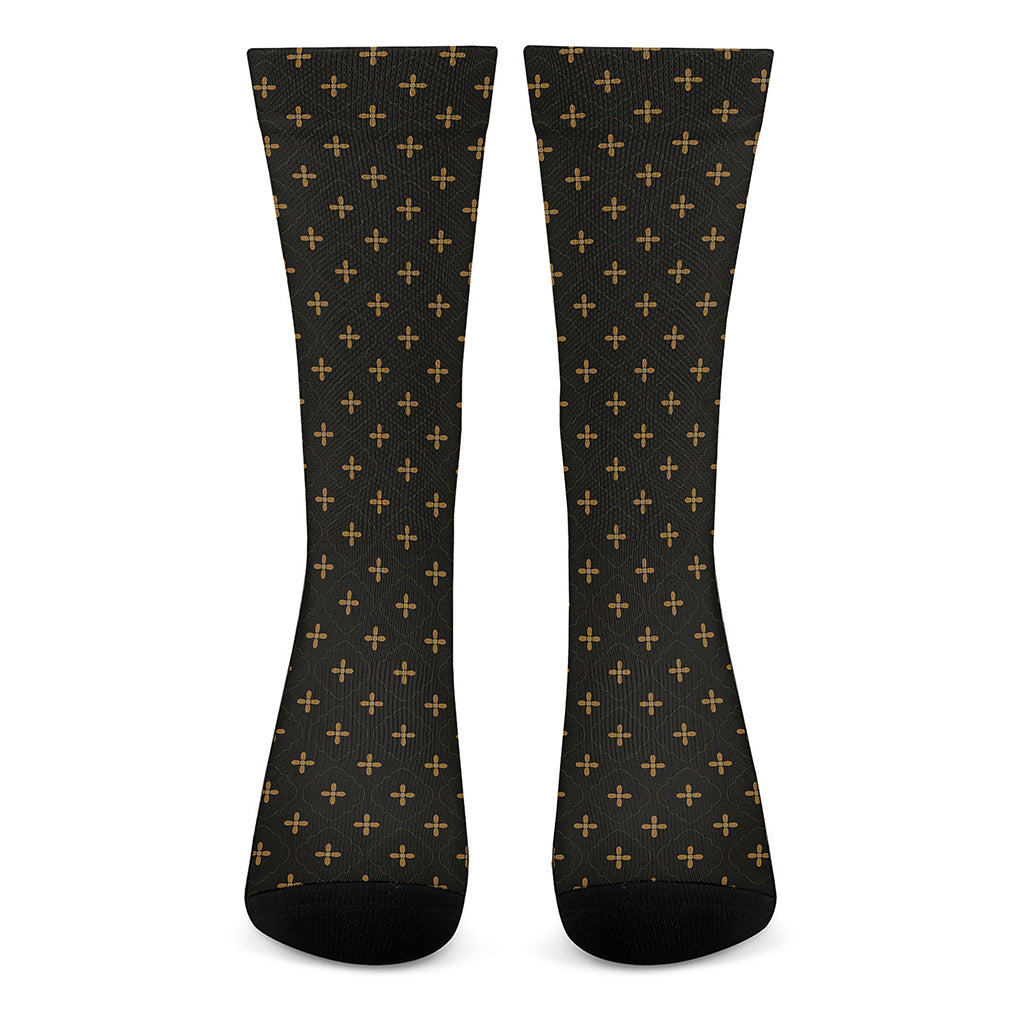 Black And Gold Orthodox Pattern Print Crew Socks