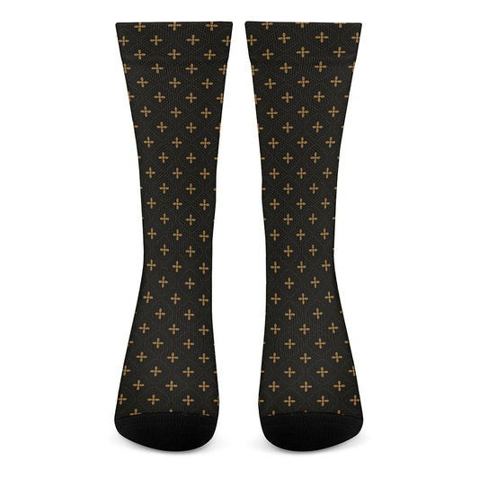 Black And Gold Orthodox Pattern Print Crew Socks