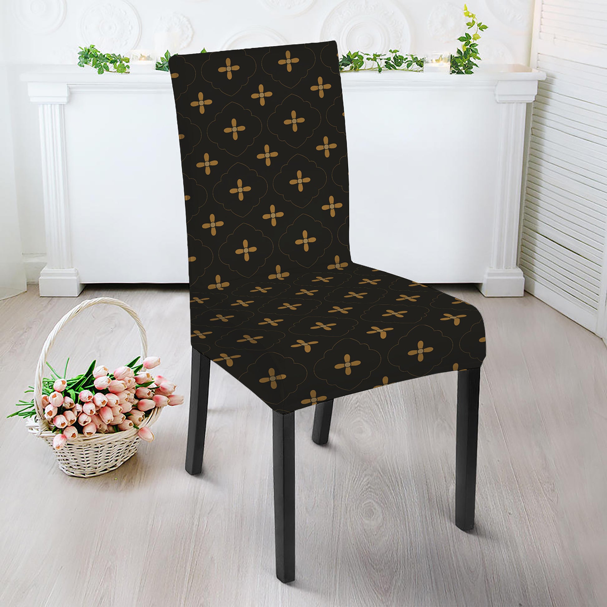 Black And Gold Orthodox Pattern Print Dining Chair Slipcover