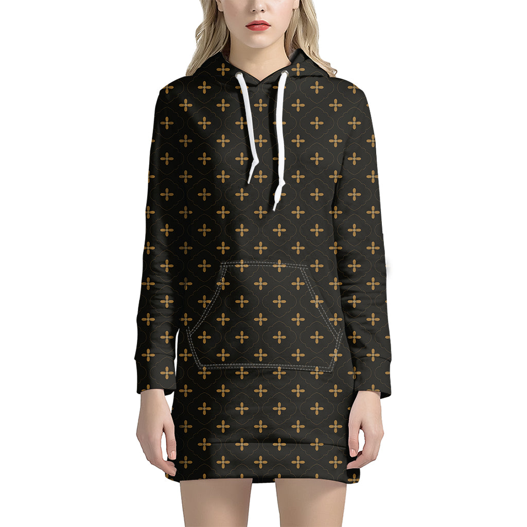 Black And Gold Orthodox Pattern Print Hoodie Dress