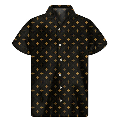 Black And Gold Orthodox Pattern Print Men's Short Sleeve Shirt