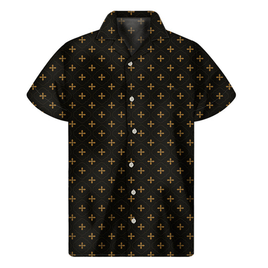 Black And Gold Orthodox Pattern Print Men's Short Sleeve Shirt