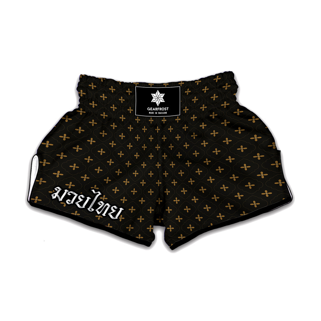 Black And Gold Orthodox Pattern Print Muay Thai Boxing Shorts